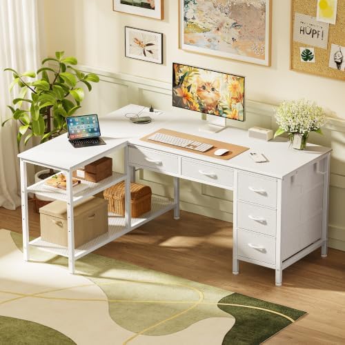 PRAISUN 47 Inch L Shaped Desk with Power Outlets, 5 Fabric Drawers - Image 2