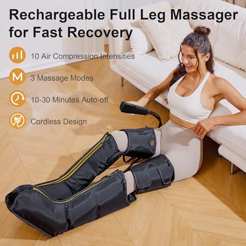 QUINEAR Leg Air Compression Massager, Cordless Foot Calf Thigh Massager with Remote, Rechargeable Leg Massager with 10 Intensities & 3 Modes for Swollen Legs & Muscle Relief, FSA-HSA Eligible - Image 3