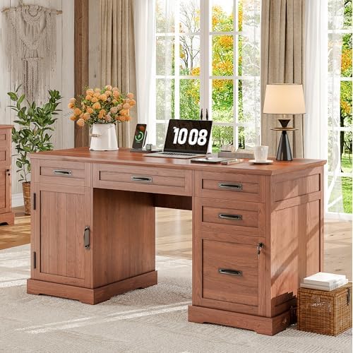 Whalefall 55'' Farmhouse Desk Home Office with Drawers, Brown by Whalefall