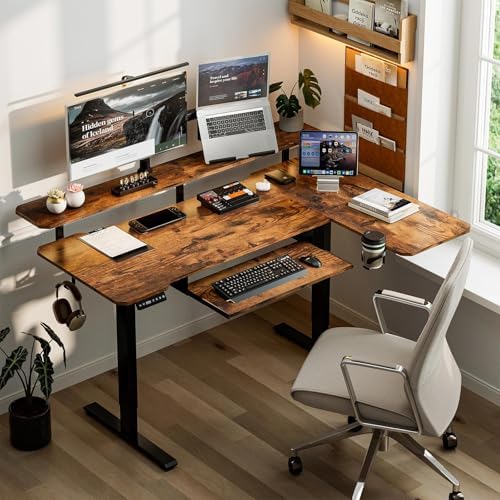 Acrolix 59" L Shaped Standing Desk with Shelves Keyboard Tray,Rustic Brown - Image 2