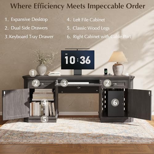 59" Classic Executive Desk with Storage, Victorian Executive Desk with Charging Station, Keyboard Tray, 3 Drawers & 2 Cabinet Storage & 2 Pedestals, Easy Assembly, Black - Image 3