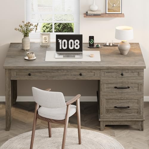 53.5" Farmhouse Home Office Desk with File Cabinet, Wooden Executive Desk with Power Outlet, Work Desk with Drawers, Traditional Wood Desk for Home and Office, Gray - Image 3