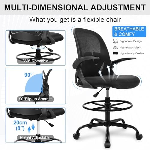 Primy Drafting Chair Tall Office Chair with Flip-up Armrests Executive Ergonomic Computer Standing Desk Chair with Lumbar Support and Adjustable Footrest Ring (Black) (Pack of 2) - Image 7