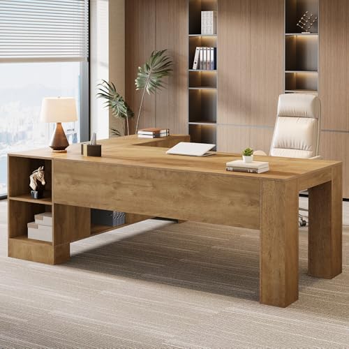 Tribesigns L-Shaped Executive Desk, 78-Inch Office Desk with Storage Cabinet and 2-Tier Shelf, Large Wooden Computer Writing Table Business Furniture Workstation for Home Office, Brown - Image 3