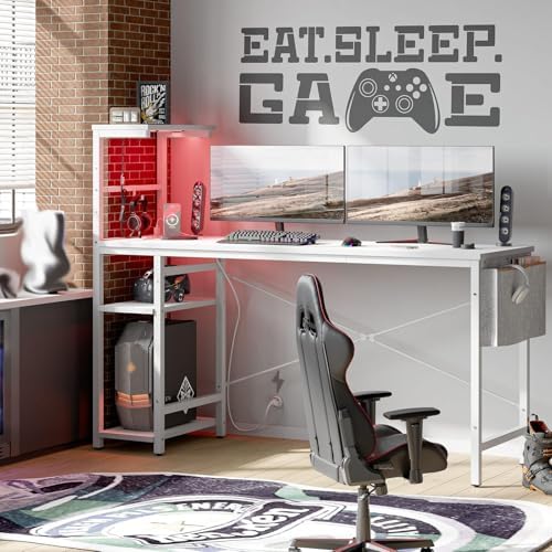 Bestier Gaming Desk with Power Outlets, 61 Inch Large Led Gamer Desk with 4 Tiers Reversible Shelves, PC Gaming Table with Headset Hook & Side Storage Bag for Bedroom (White 3D Carbon Fiber) - Image 4