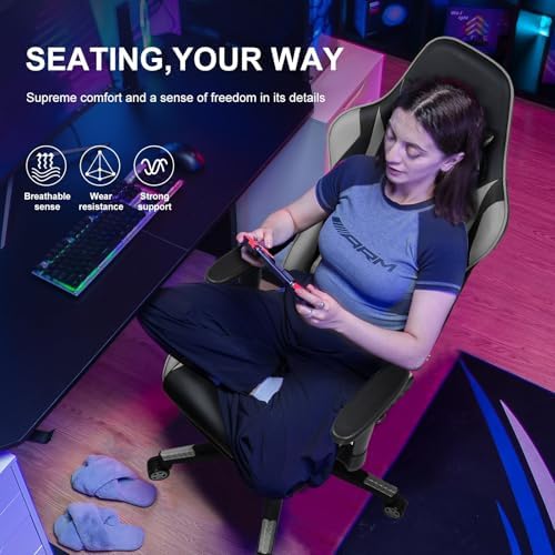 GTPLAYER Gaming Chair with Footrest, Ergonomic Computer Game Desk Chair, Reclining Gamer Chair Seat Height Adjustment, Swivel Rocker with Headrest and Lumbar (Gray) - Image 3