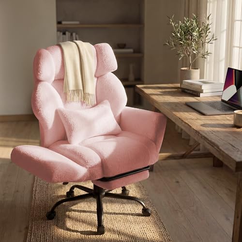 Office Chair with Flip Armrests,Big and Tall Office Chair with Foot Rest,Extra Wide Seat & Lumbar Pillow,Comfy Criss Cross Chair for Pets Sitting,Ergonomic Computer Gaming Chair,Teddy Fleece,Pink by SOFAYONN