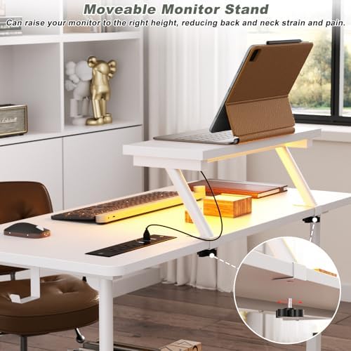 Height Adjustable Standing Desk with Power Outlets and LED Lights - 32" Manual Stand Up Desk with Monitor Stand and Storage Shelves Small Mobile Rolling Computer Desk Portable Laptop Table, White - Image 7