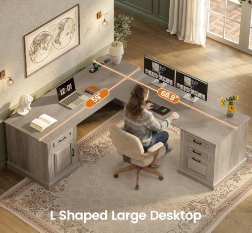 SEDETA 69" Farmhouse L Shaped Corner Desk with Drawers for Home Office - Image 5