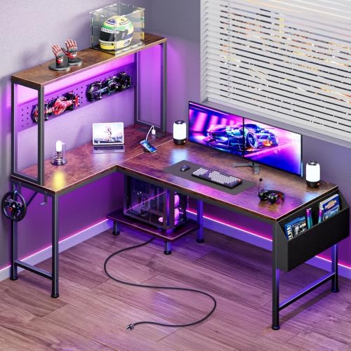 PRAISUN L Shaped Gaming Desk with LED Lights & Power Outlets by PRAISUN