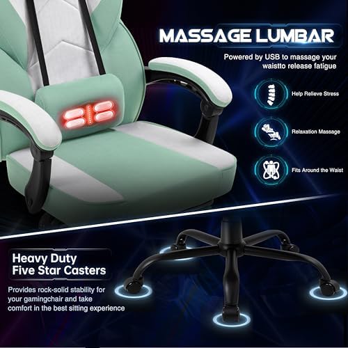 Gaming Chair for Adults with Footrest & Massage Lumbar Support, Ergonomic High Back Gamer Chair, Adjustable Swivel Computer Gaming Chairs with Headrest and Linkage Armrests,Green - Image 6