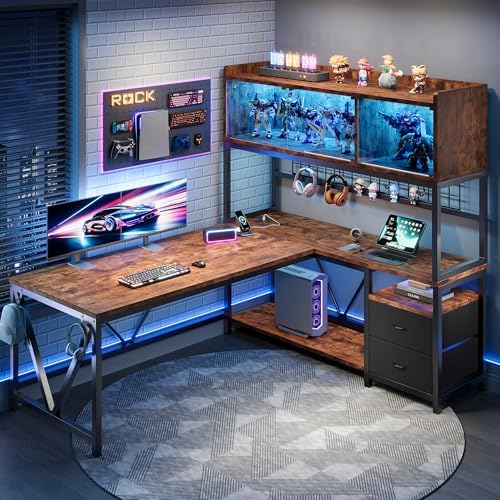 L Shaped Gaming Desk with Drawers, Corner Computer Desk with LED Tempered Glass Display Cabinet, Shaped L Office Desk with Charging Station and Fabric Drawer, PC Desk for Gaming and Office, Brown - Image 3
