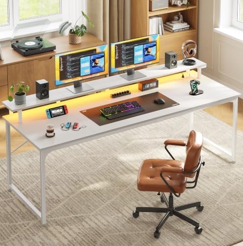 PRAISUN 63 inch Gaming Desk, LED & Power Outlets, Monitor Stand, White - Image 2