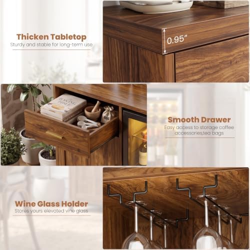 Unikito Coffee Bar Cabinet with Mini Fridge Space & Power Outlet, Walnut - Image 5