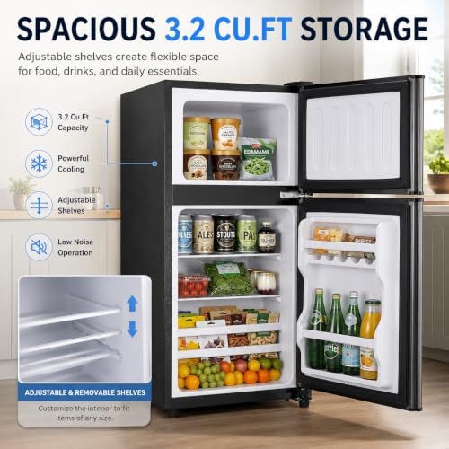 3.2 Cu.Ft Mini Refrigerator with Freezer, 2 Door Compact Fridge with Adjustable Thermostat & Removable Glass Shelves, Energy Efficient Small Refrigerator for Bedroom, Dorm, Office, Apartment - Image 2