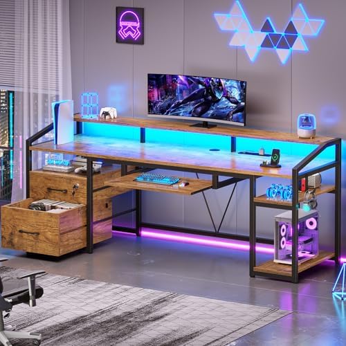 SEDETA 63" Computer Desk, Office Desk with Lock Drawers for Legal/Letter File, Gaming Desk with LED Light & Power Outlet, Home Office Desks for Printer, Rustic Brown - Image 3