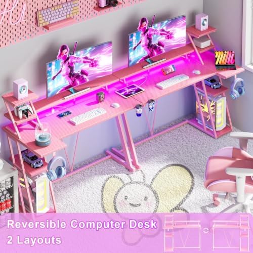 Korfile 40 Inch Pink Gaming Desk with LED Lights & Power Outlet, Small Gaming Computer Desk with Storage Shelves, L Shaped Gamer Workstations with Monitor Stand for Bedroom - Image 3