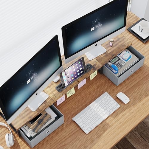 39 Inch Dual Monitor Stand Riser with 2 Drawers - Large Brown Wooden Computer Stand for 2 Monitors, Ergonomic Desk Organizer with Phone Holder, Desktop Storage for Laptop, Office Supplies, Home Office - Image 2