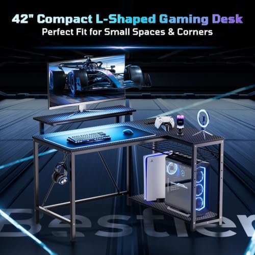 Bestier 42-Inch L-Shaped Computer Desk with Charging & LED, Black - Image 3