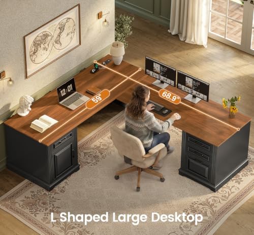 SEDETA Farmhouse 69" Executive L Shaped Desk, Home Office Desk with Drawers and Storage Cabinet & Power Outlet, Corner Computer Desk, Black - Image 4