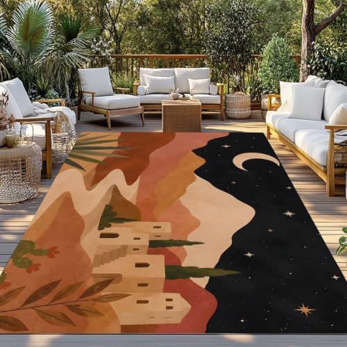 Boho Desert Night 3x5 Waterproof Outdoor Rug with Non‑Slip Backing Celestial Sky Stars Village Houses Machine Washable Deck Patio Rug Mat for Camping, RV, Garden, Balcony Pool - Image 2