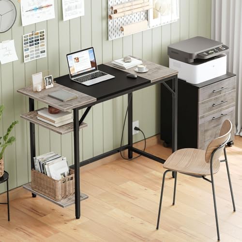 HOOBRO Small Computer Desk, 35.4 Inch Home Office Desk with Power Outlet, Writing Desk with 2 Shelves, Modern Small Desk for Home Office, Study, Easy to Assemble, Charcoal Gray and Black BG43UDN01 - Image 2