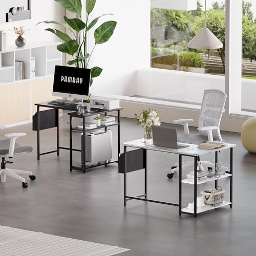 Pamray 40 Inch L Shaped Computer Desk with Reversible Side Storage Shelves, Small Corner Desk for Small Space Home Office, Writing Study Table PC Desk for Bedroom, Marble - Image 4