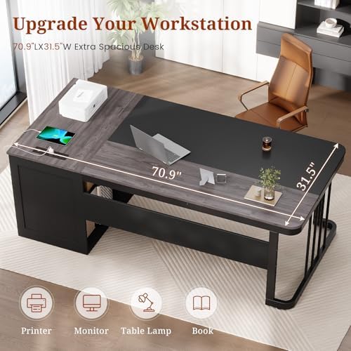 UPOSOJA 70.9" Executive Desk with Power Outlet, Large Office Desk with Drawers & Lateral File Cabinet, Modern Long Computer Desk with Adjustable Storage Shelves, Workstation Business Furniture (Grey) - Image 4