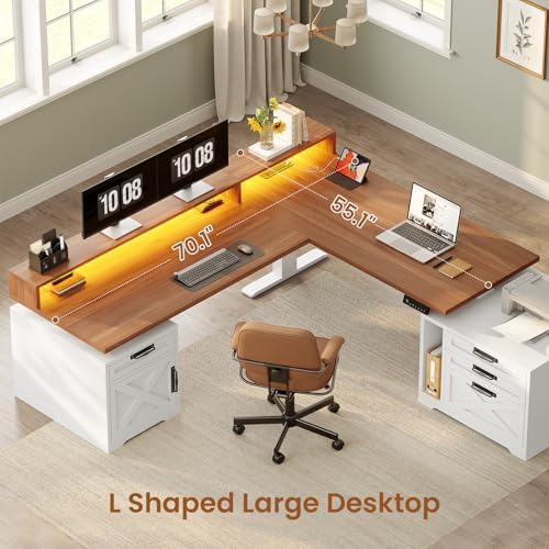 SEDETA Farmhouse L Shaped Standing Desk, 70.1" x 73.2" Height Adjustable Home Office Executive Desk with Drawers, Power Outlet, Monitor Stand, Sit Stand Table with Led Lights for Home Office, White - Image 5