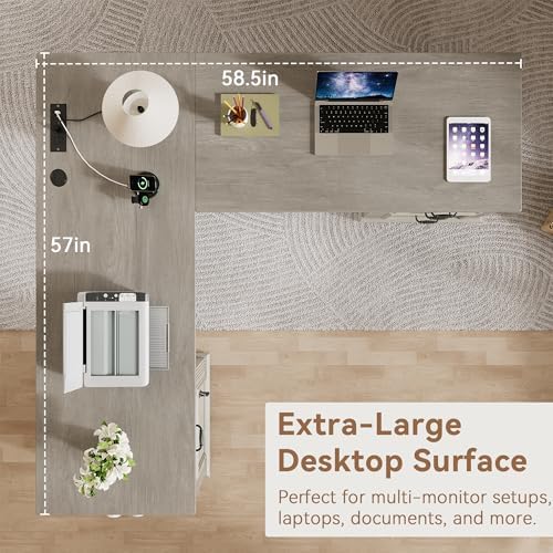 Farmhouse L Shaped Executive Desk with 4 Drawers, Home Office Desk with Hidden Under-Desk Storage Shelf and Charging Station, File Cabinet Storage, Wood Corner Computer Desk for Work and Study(Grey) - Image 3
