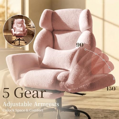 Office Chair with Flip Armrests,Big and Tall Office Chair with Foot Rest,Extra Wide Seat & Lumbar Pillow,Comfy Criss Cross Chair for Pets Sitting,Ergonomic Computer Gaming Chair,Teddy Fleece,Pink - Image 4