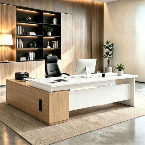 L Shaped Executive Desk with Drawers, Large Wood Workstation, Modern Executive Office Furniture for Home Office and Business Workspace, Multiple Sizes & Colors by Unknown