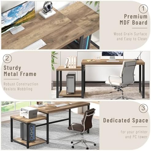 FOLUBAN 63 Inch Large Computer Desk with Printer Space & PC Tower Stand, Modern Wood Home Office Desk Workstation with Storage Shelves, Writing Study Gaming Table, Rustic Oak - Image 5