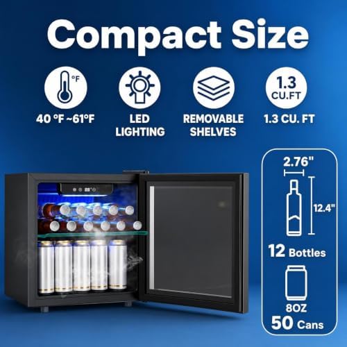 COWSAR Beverage Refrigerator, 50 Cans Wine Cooler, ETL Approved 1.3 Cu.ft Mini Fridge with Glass Door, Adjustable Shelves, Digital Temperature Freestanding Small Drink Fridge for Soda Beer or Wine - Image 2