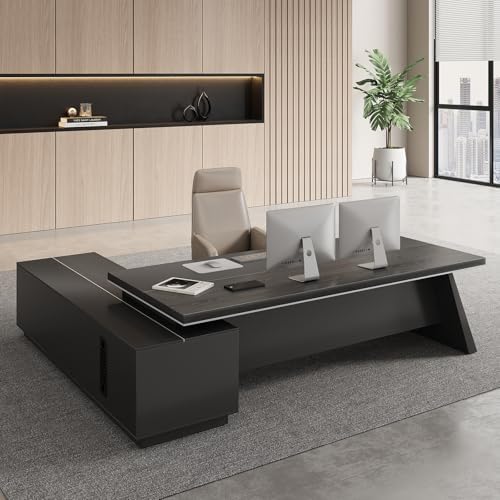 87" L-Shaped Executive Desk, Right-Return Office Desk with Drawers & Storage Cabinet, Large Black Corner Desk with Spacious Desktop for Home Office, Study, Executive Workspace by Huariifowm