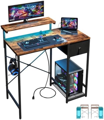 X-cosrack 33.5" Small Gaming Desk with LED Lights & Outlets, Monitor Stand by X-cosrack