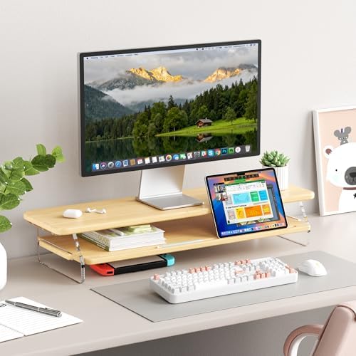 Bamboo Dual Monitor Stand for Desk,31.5 In 2 Tier Computer Riser Organizer by AFOOYO