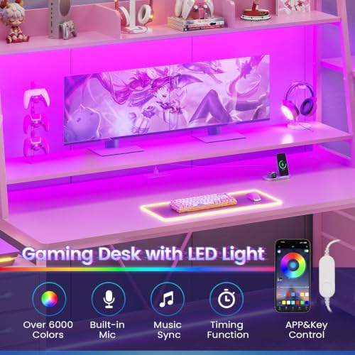 SEDETA 79'' Gaming Desk with LED Lights,8 Drawers and Storage Shelves, Pink - Image 4