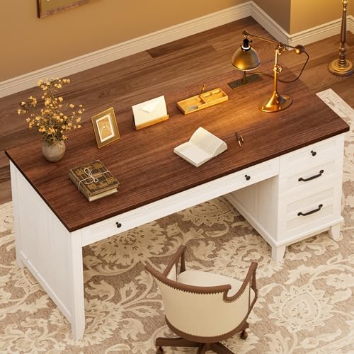 53.5" Executive Desk with Power Outlet, Home Office Desk with Drawers, Wooden Work Desk with File Cabinet, Computer Desk for Work, Study, Writing, White and Brown - Image 6
