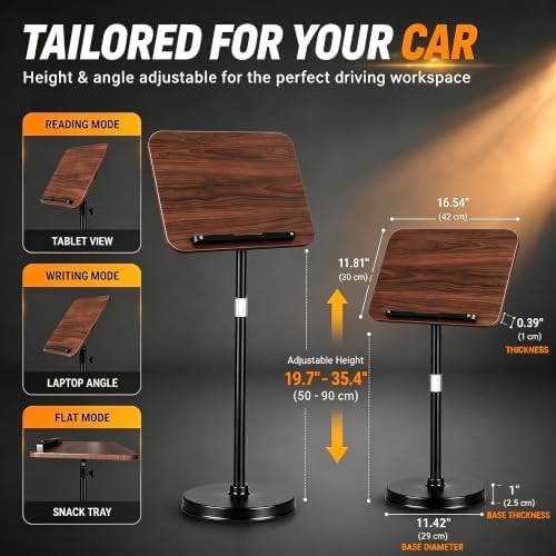 Large Adjustable Car Desk with Premium Solid Wood Tabletop, Tilt & 360° Swivel Portable Workstation, Height Adjustable Mobile Car Desk for RV, Home Office, Reading, Gaming and Writing - Image 4