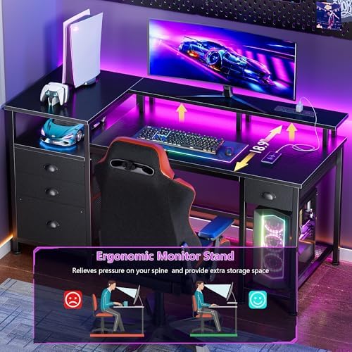 Furologee 52" Gaming Desk with 4 Drawers & LED Lights, Power Outlet, Black - Image 3