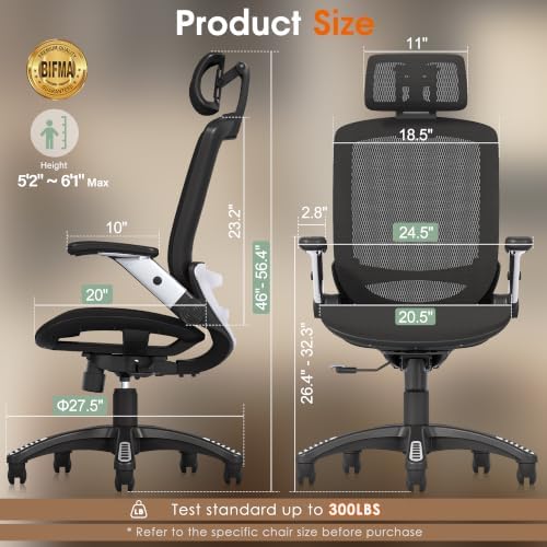 GABRYLLY Ergonomic Office Chair, High Back Home Desk Chair with Headrest, Flip-Up Arms, 90-120° Tilt Lock and Wide Cushion, Big and Tall Mesh Chairs for Man Woman, Black Task Chair - Image 2