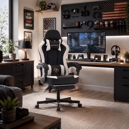 Desk Computer Gaming Chair - High Back Ergonomic Office Chair with Footrest and Lumbar Support, Swivel Comfy Home Gamer Video Game Chairs with Pocket Spring Cushion for Adults (White Leather) - Image 2