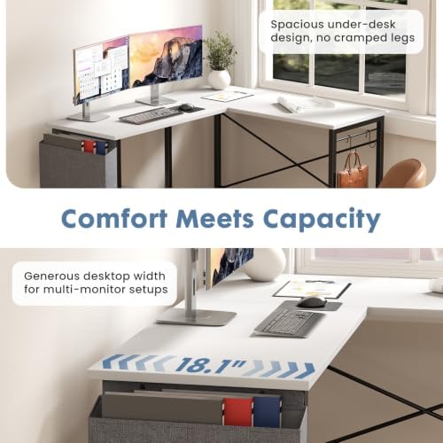 DUMOS L Shaped Computer Corner Desk with PC Stand, White - Image 5