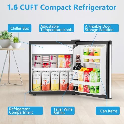 Electactic 1.6 Cu.ft Mini Fridge, Compact Single Reversible Door Refrigerator, Adjustable Thermostat, Ultra Quiet, Energy Efficient for Office, Dorm, Bedroom, Apartment -Silver - Image 4