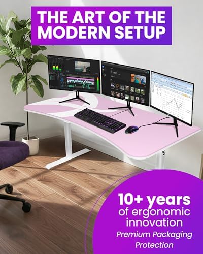 Arozzi Arena Ultrawide Curved Gaming and Office Desk with Full Surface Water Resistant Desk Mat Custom Monitor Mount Cable Management Cut Outs Under The Desk Cable Management Netting - Pink - Image 6