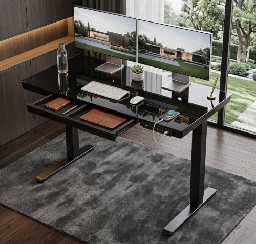 HUANUO Glass Standing Desk with Drawers, 48 X 24 Inch Electric Adjustable Height Desk, Quick Install One-Piece Tabletop with USB Charging Ports, Black - Image 2