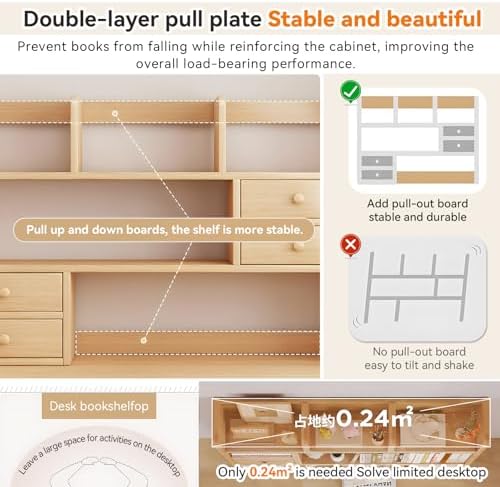 Desk Hutch, Wood Desktop Shelf Organizer with Cubby & Drawer for College Dorm Room, Office Desk Top Bookshelf for Storage - Image 6