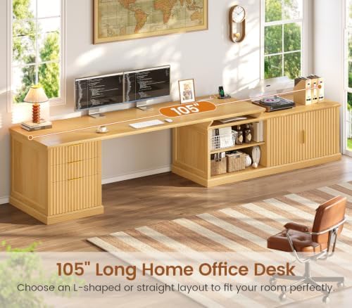 SEDETA Fluted 70.9" L Shaped Desk with Drawers and Storage Cabinet, Oak - Image 3