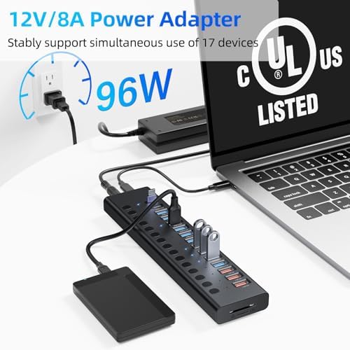 VANGREE Powered USB Hub 10Gbps, 17 Ports USB 3.2 Hub, 96W Power Adapter - Image 5